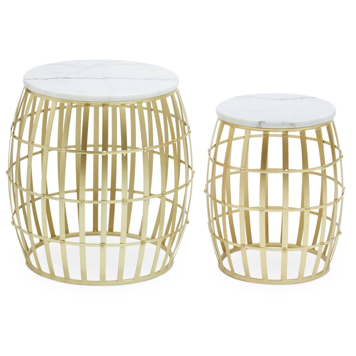 Jolie Set Of Two Round Table With White Marble And Gold Frame.