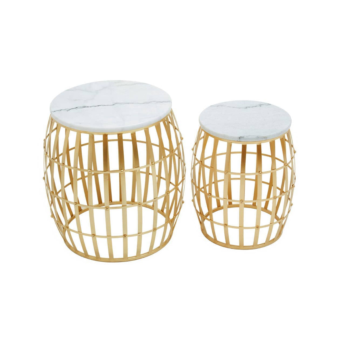 Jolie Set Of Two Round Table With White Marble And Gold Frame.