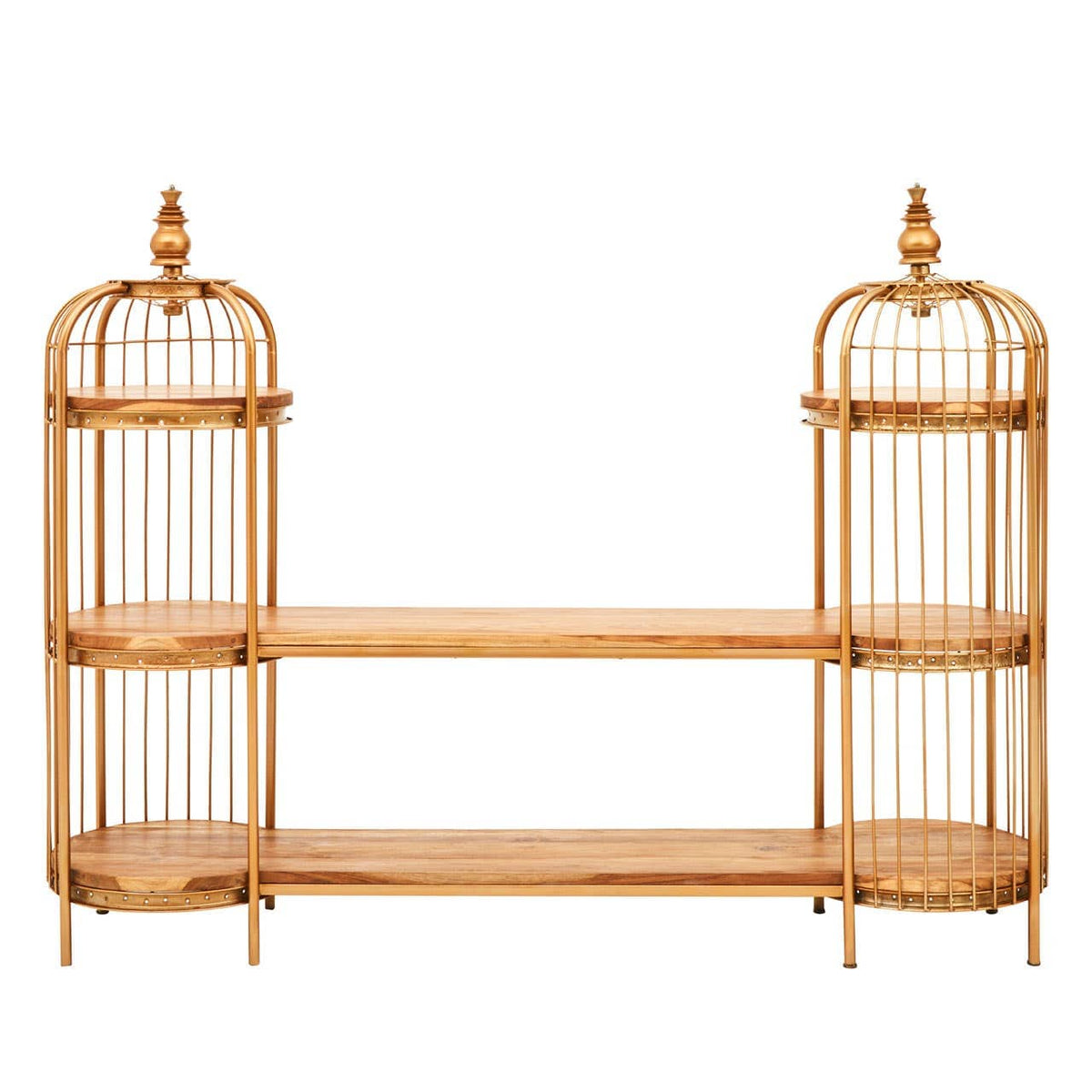 Mantis Long Gold Finish Birdcage Shelf Unit.