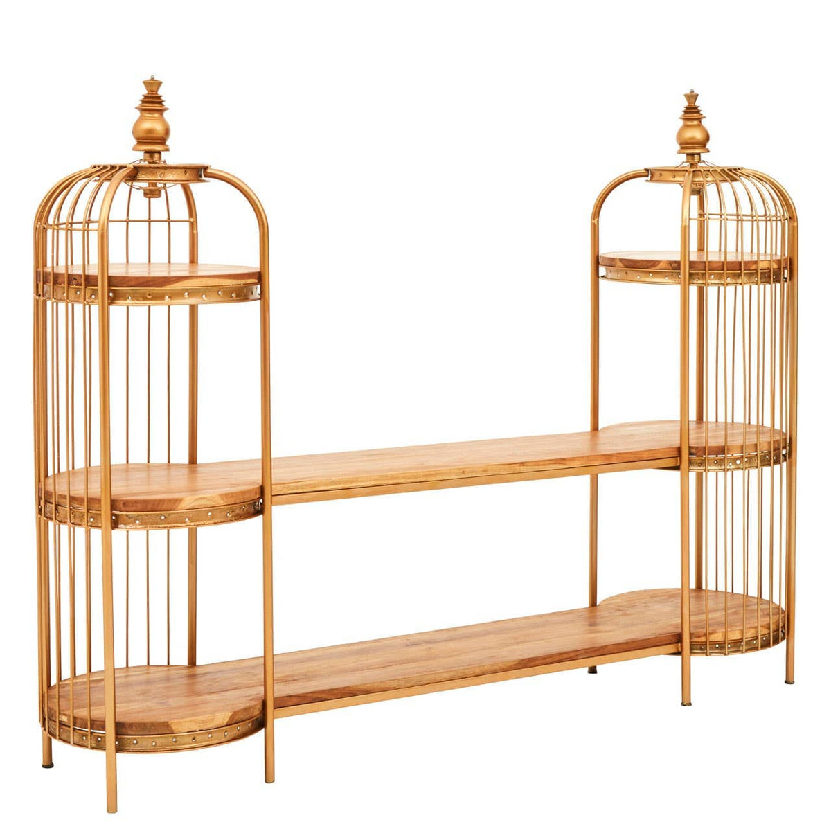 Mantis Long Gold Finish Birdcage Shelf Unit.