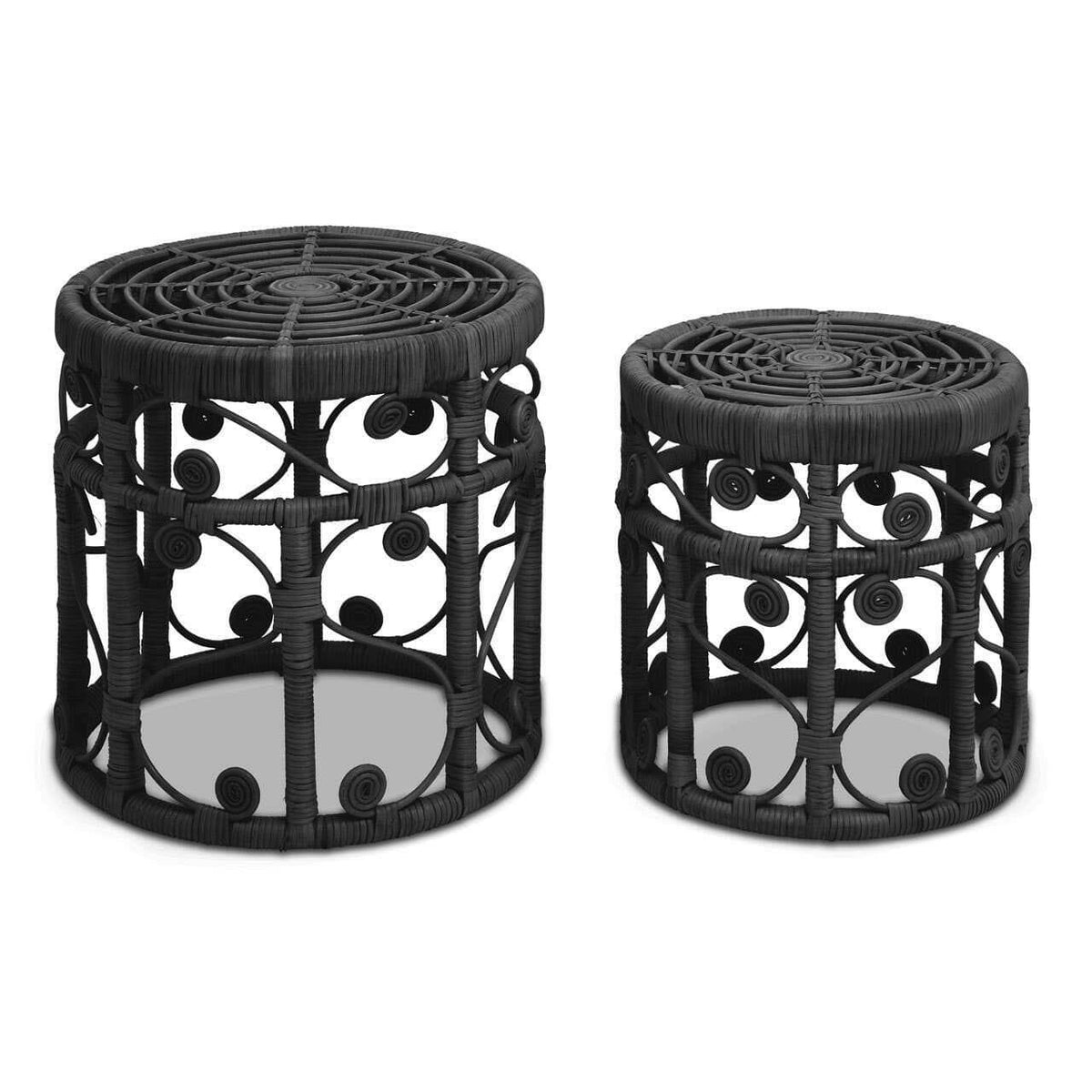 Mataram Set Of Two Black Natural Rattan Stools Or Tables.