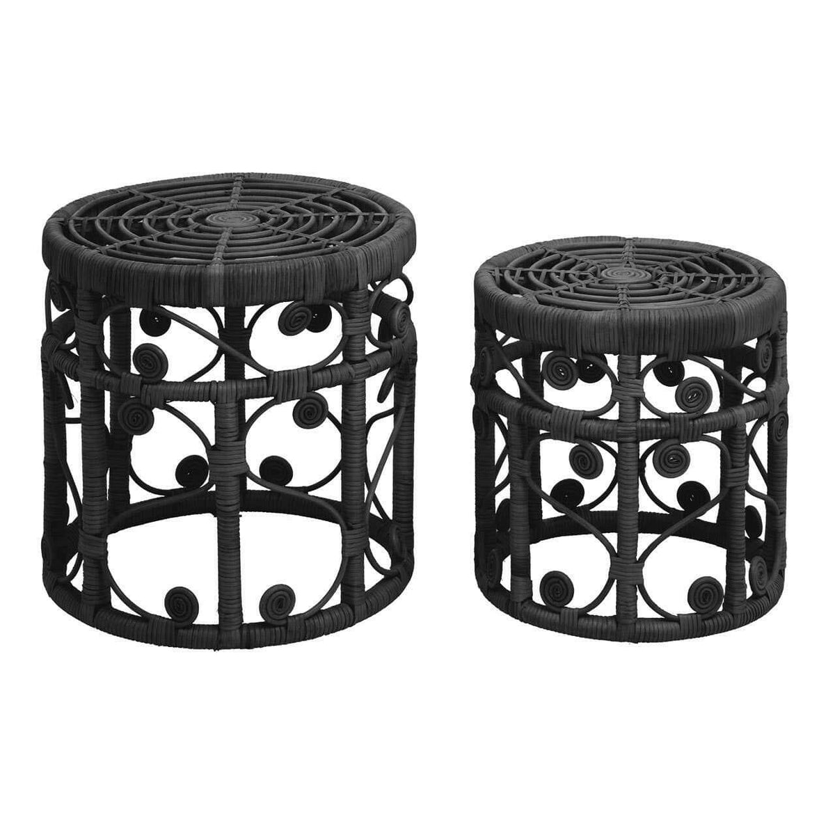 Mataram Set Of Two Black Natural Rattan Stools Or Tables.