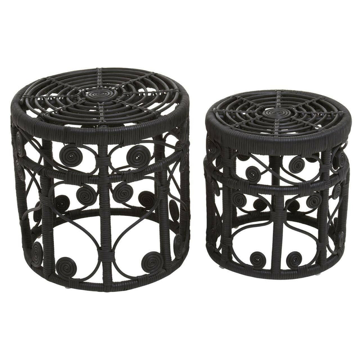 Mataram Set Of Two Black Natural Rattan Stools Or Tables.