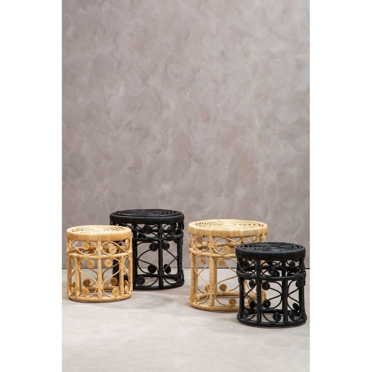 Mataram Set Of Two Black Natural Rattan Stools Or Tables.