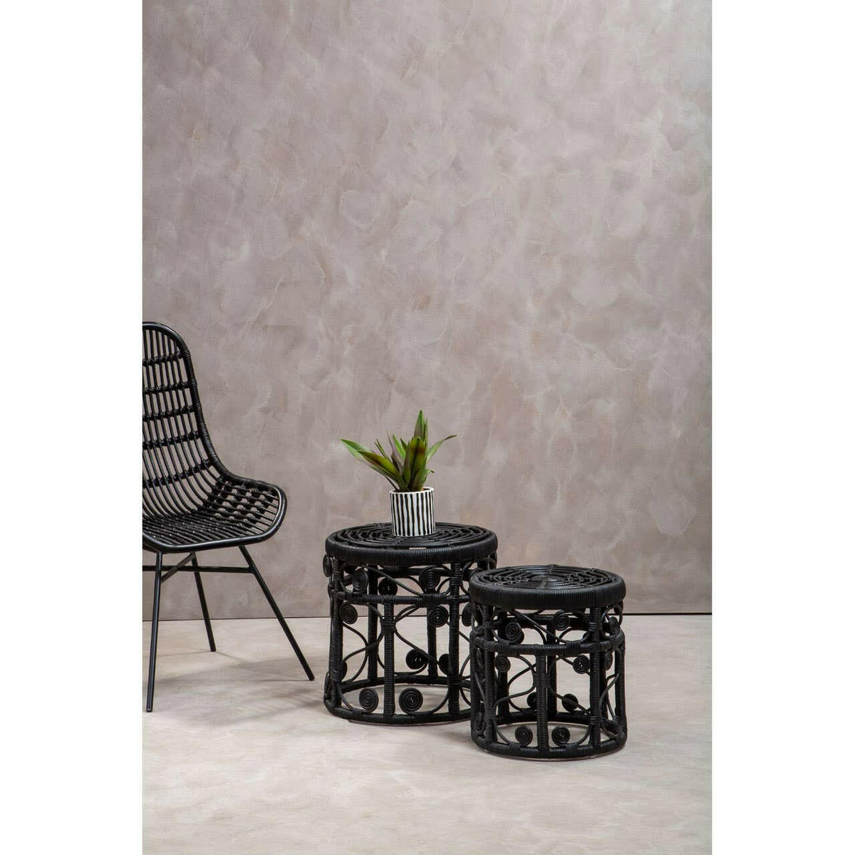 Mataram Set Of Two Black Natural Rattan Stools Or Tables.