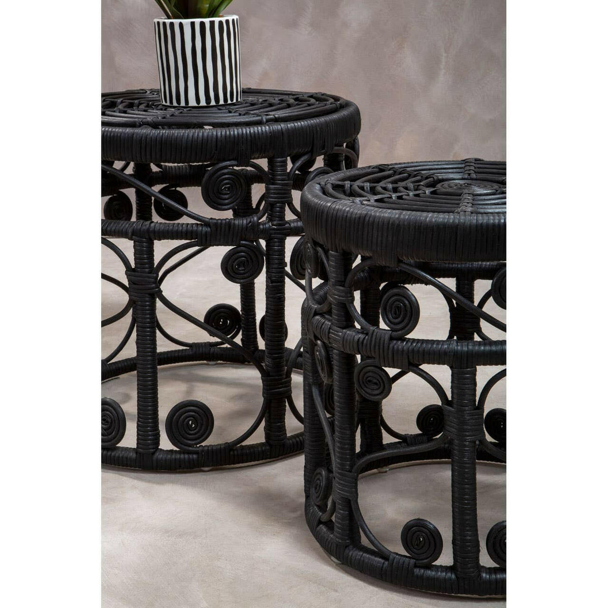 Mataram Set Of Two Black Natural Rattan Stools Or Tables.