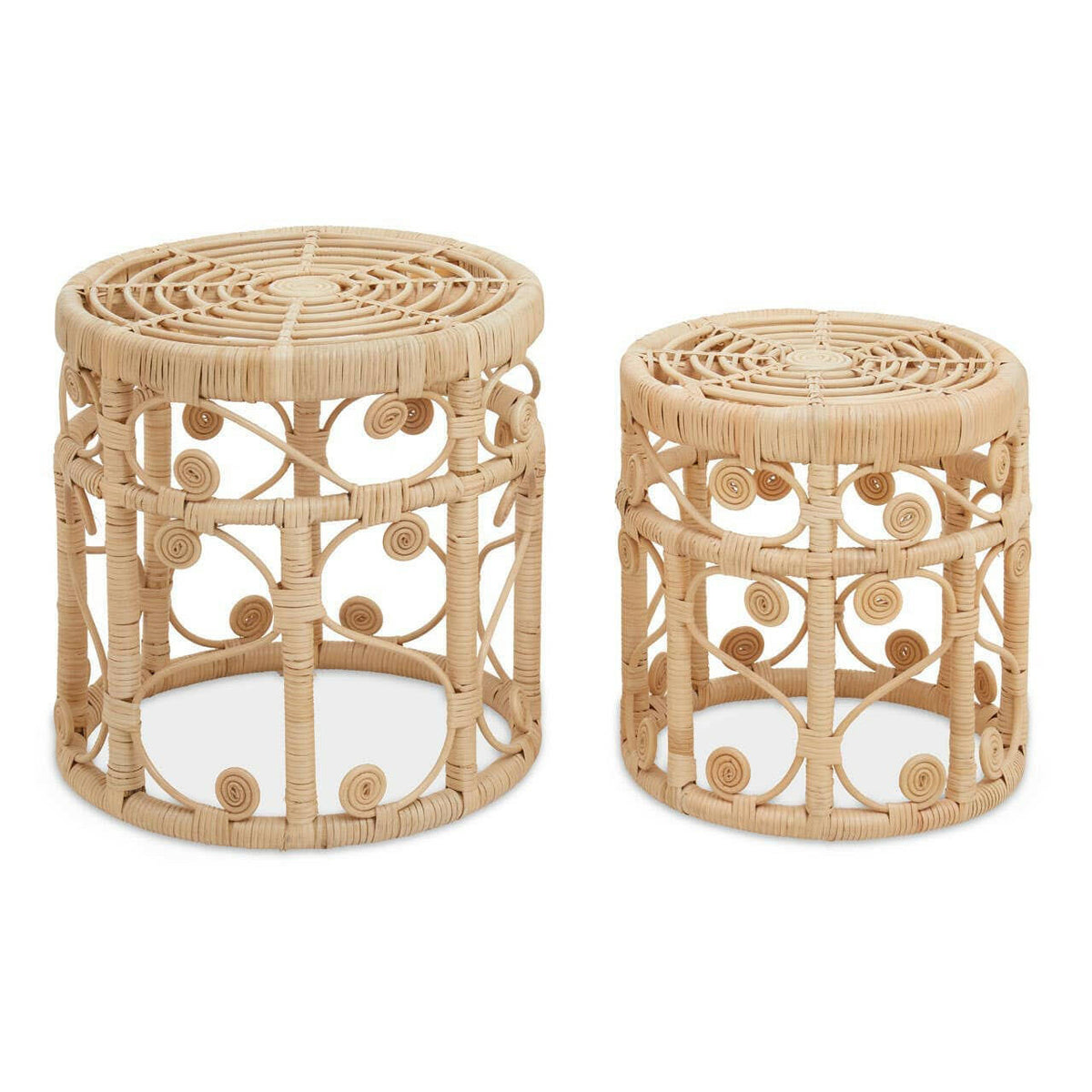 Mataram Set Of Two Natural Rattan Stools Or Tables.