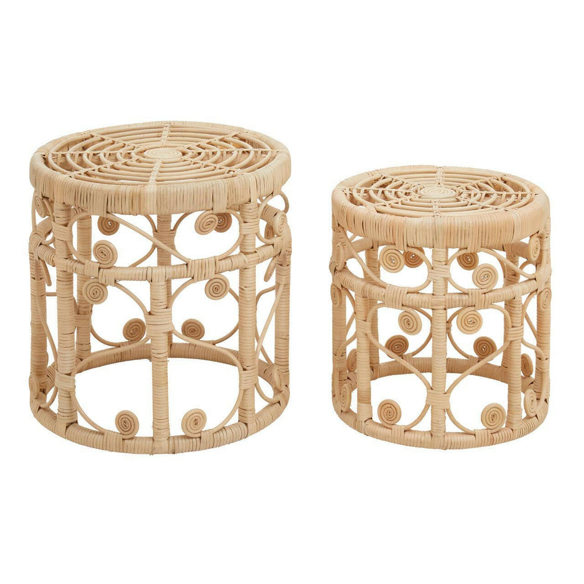 Mataram Set Of Two Natural Rattan Stools Or Tables.