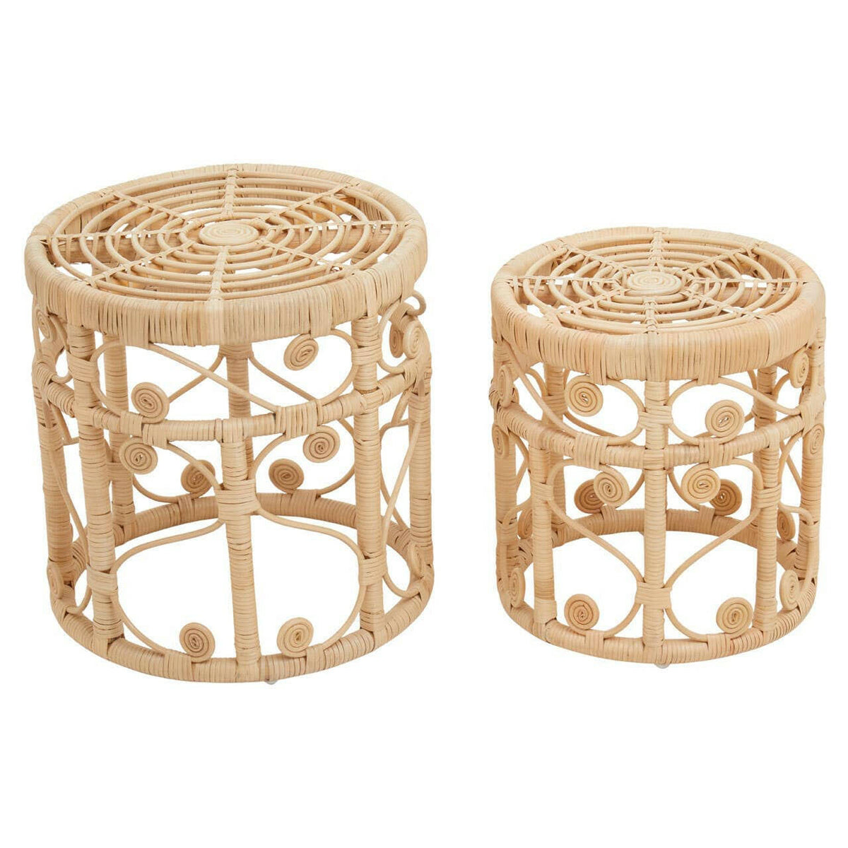 Mataram Set Of Two Natural Rattan Stools Or Tables.