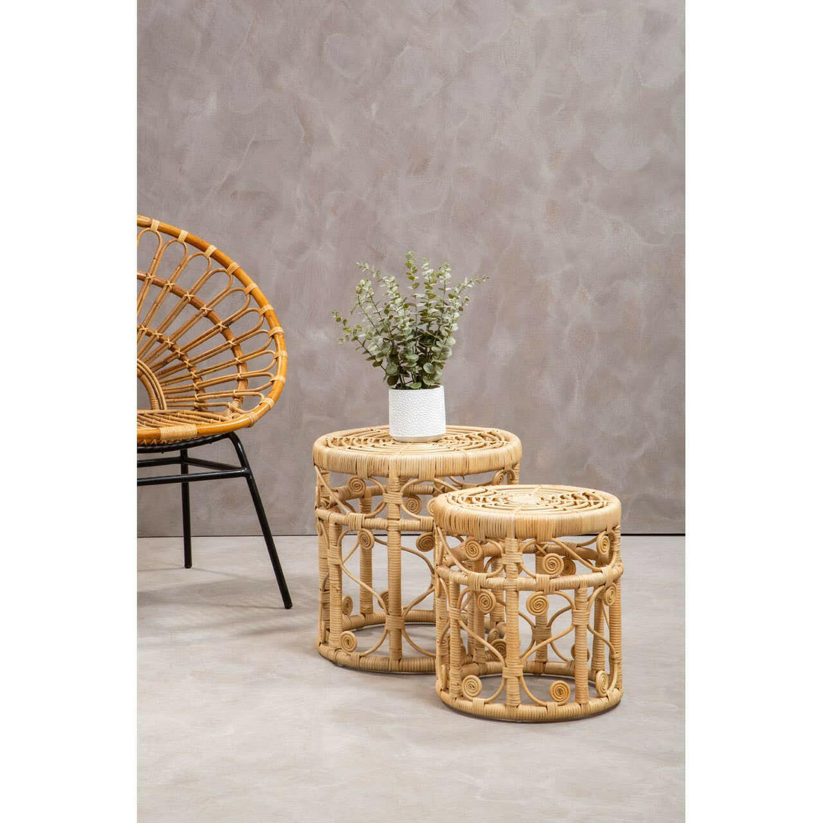 Mataram Set Of Two Natural Rattan Stools Or Tables.