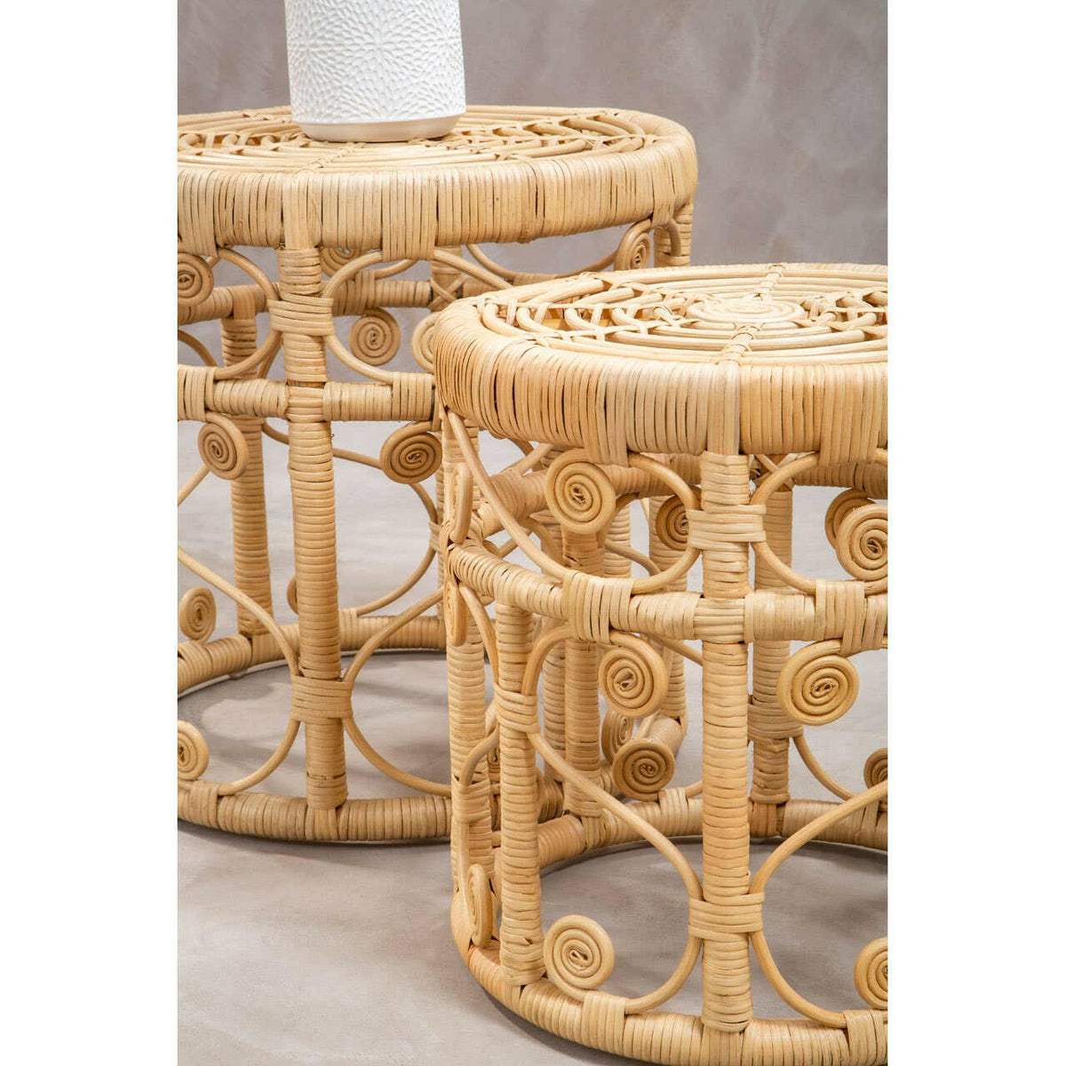 Mataram Set Of Two Natural Rattan Stools Or Tables.