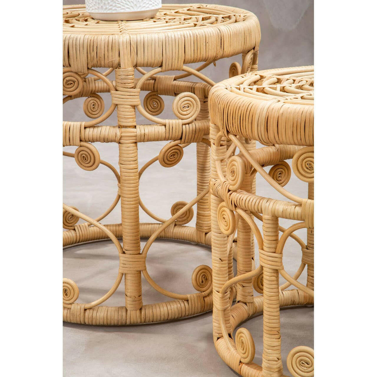 Mataram Set Of Two Natural Rattan Stools Or Tables.