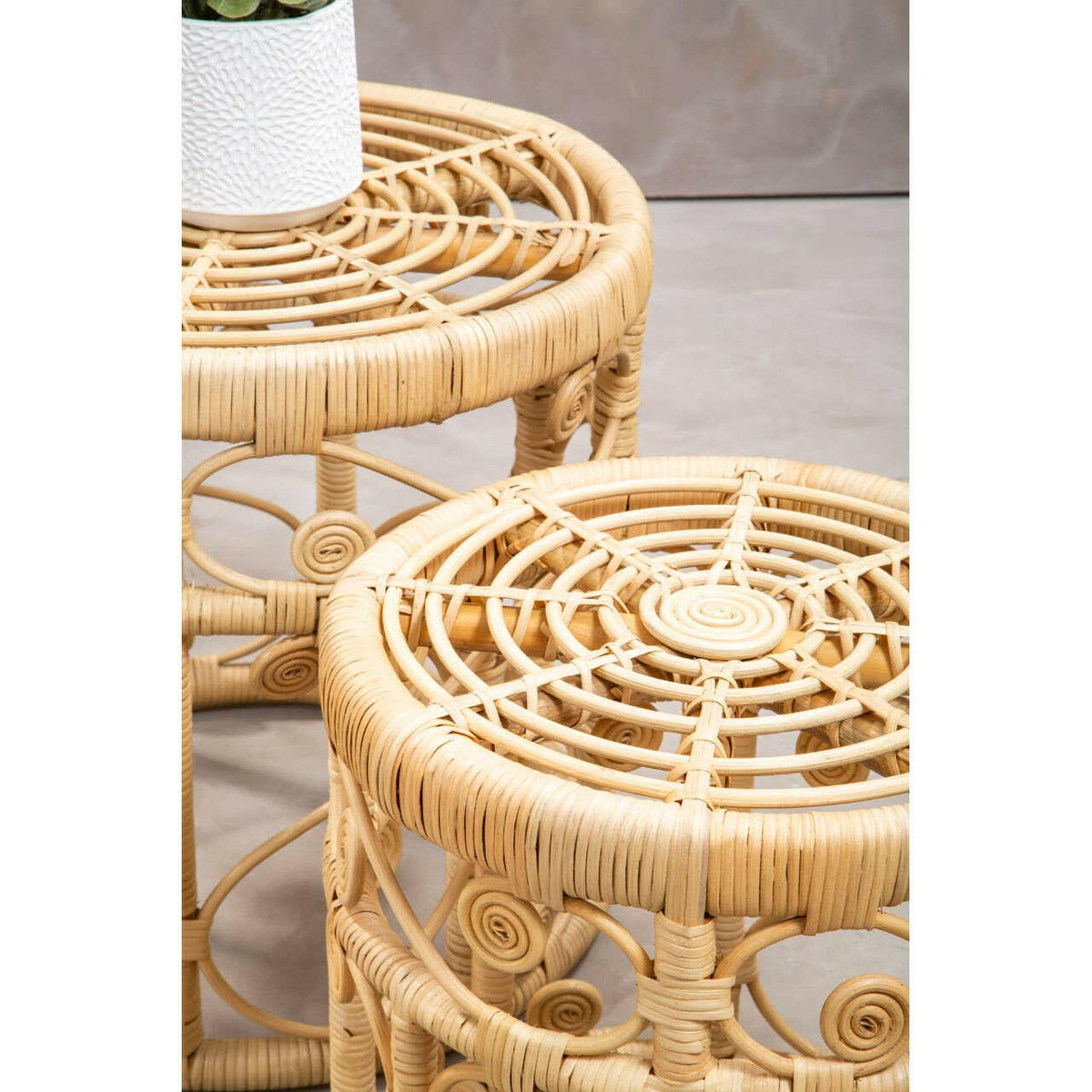 Mataram Set Of Two Natural Rattan Stools Or Tables.