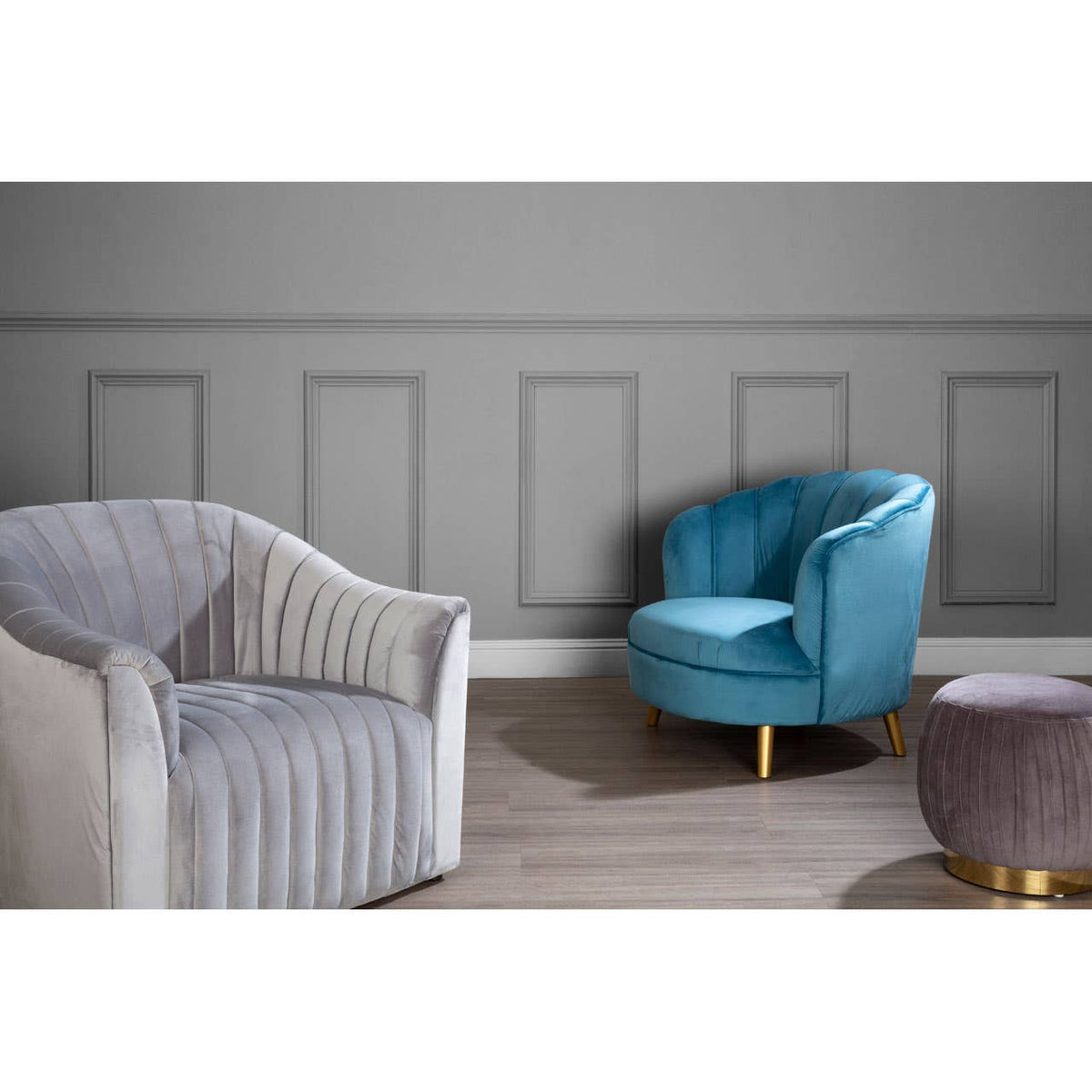 Orlina Blue Velvet Chair With Gold Wood Legs.