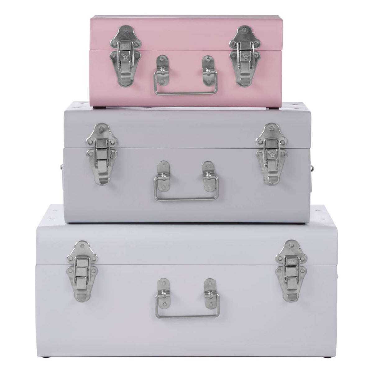 Parley Set Of Three Assorted Pink And Grey Storage Trunks.