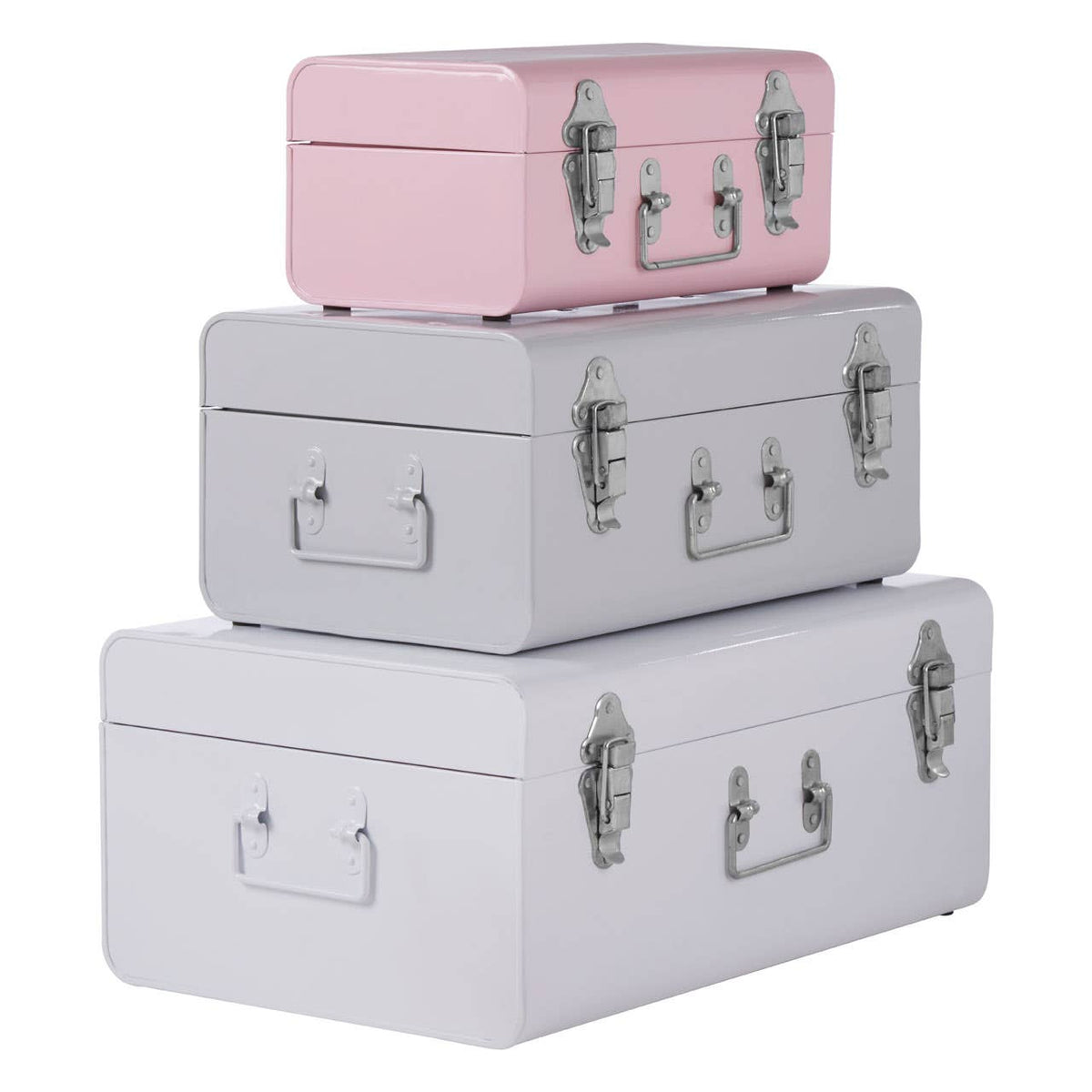 Parley Set Of Three Assorted Pink And Grey Storage Trunks.