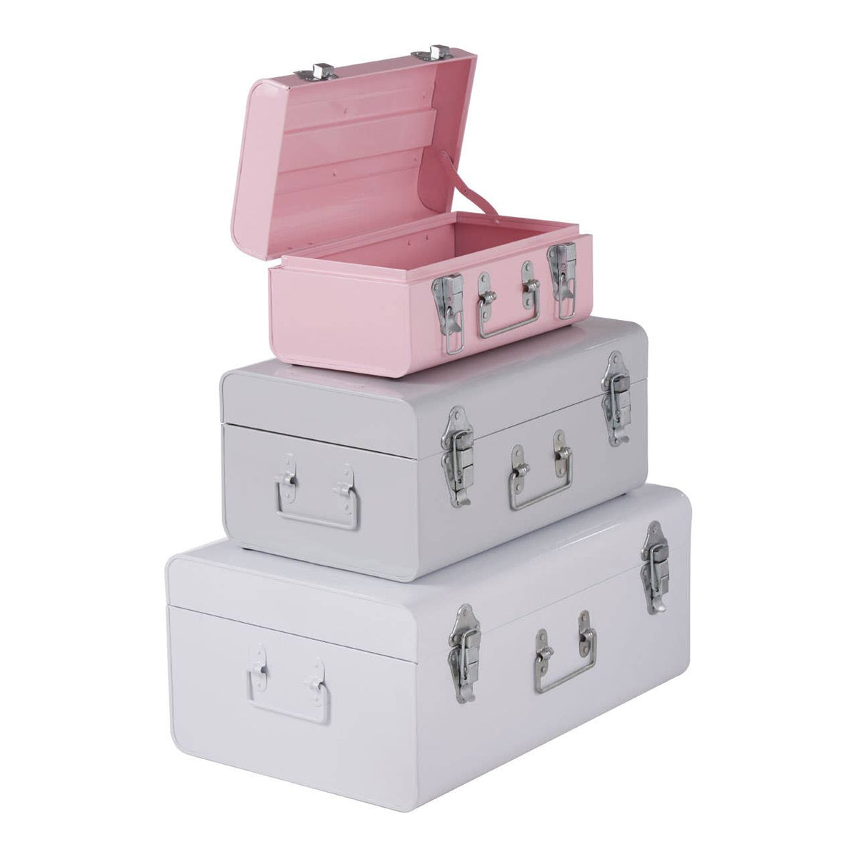 Parley Set Of Three Assorted Pink And Grey Storage Trunks.
