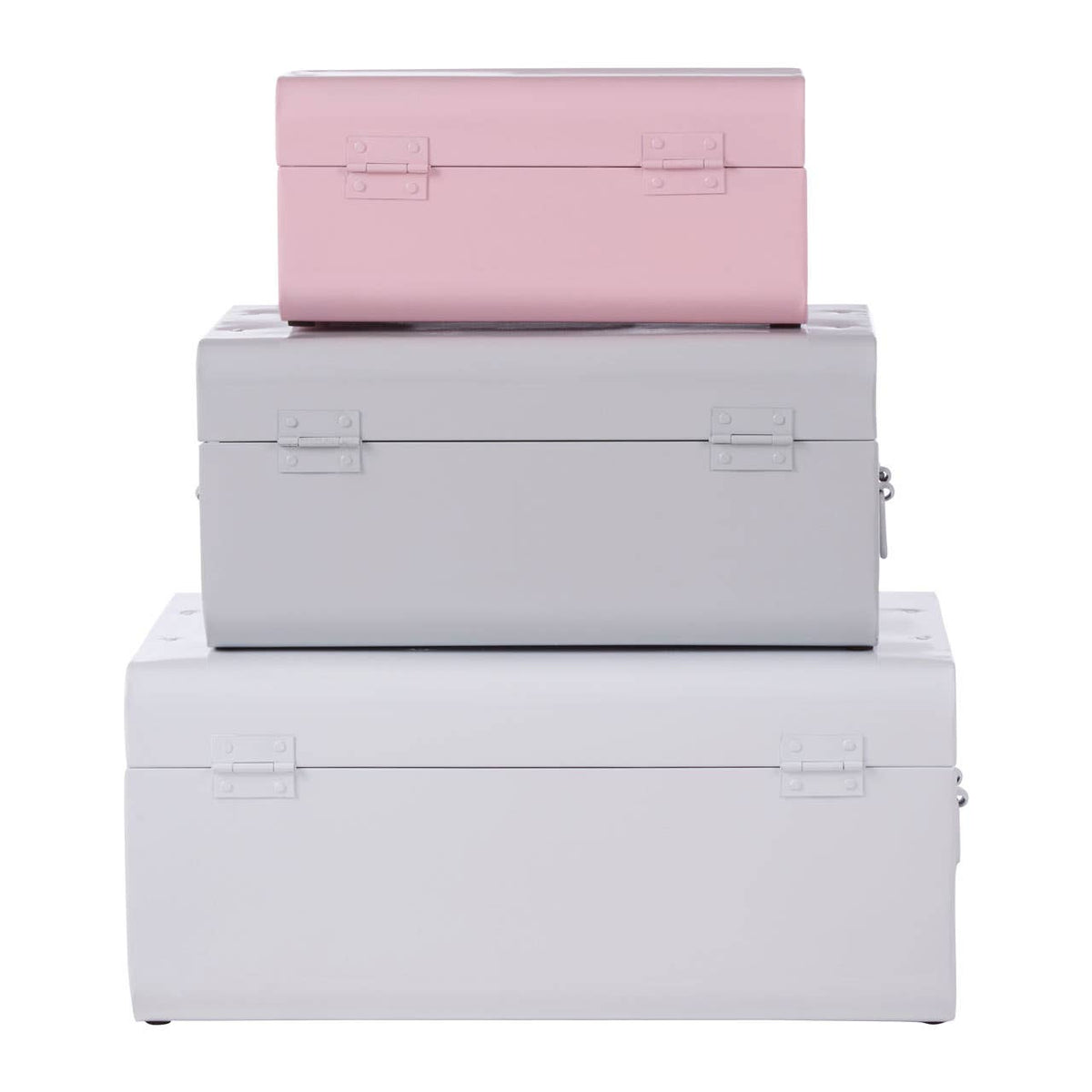Parley Set Of Three Assorted Pink And Grey Storage Trunks.