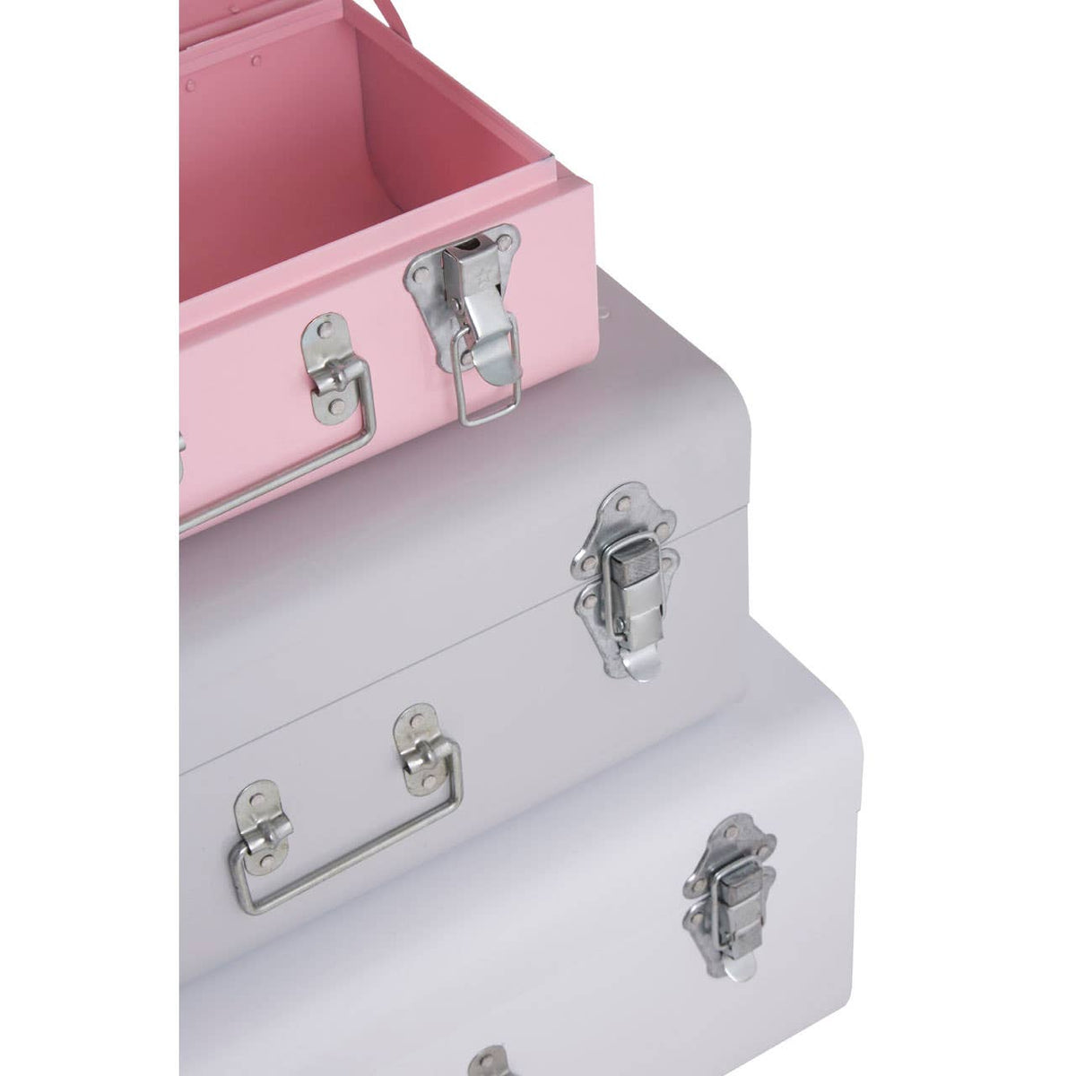 Parley Set Of Three Assorted Pink And Grey Storage Trunks.