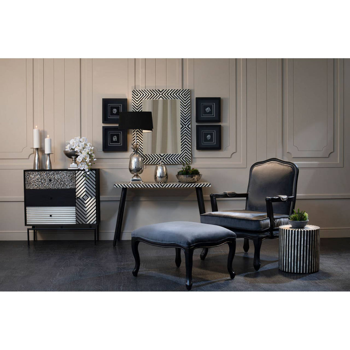 Rococo Grey Velvet Chair & Footstool.