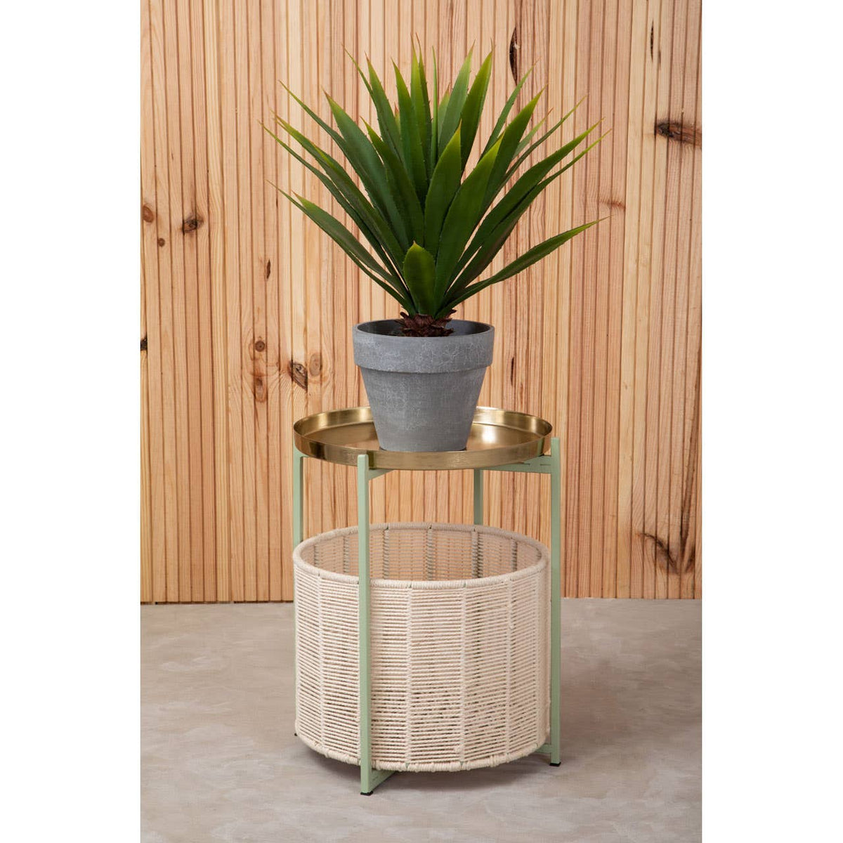 Sabia Green And Gold Iron And Cotton Two Tier Side Table.