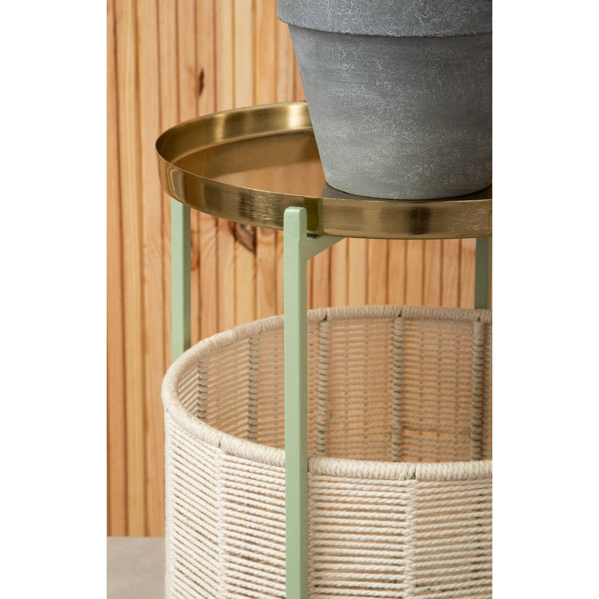 Sabia Green And Gold Iron And Cotton Two Tier Side Table.