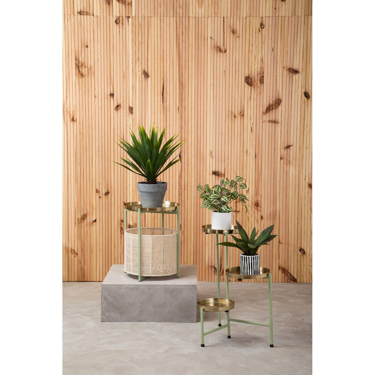 Sabia Green And Gold Iron And Cotton Two Tier Side Table.