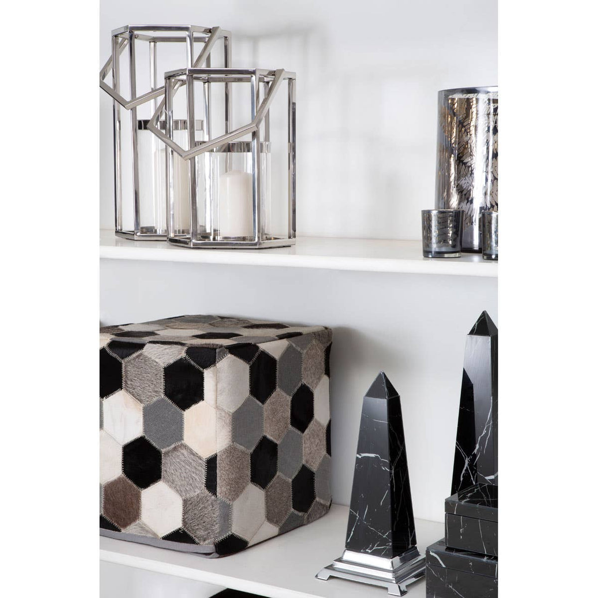 Safira Black / White / Grey Patchwork Pouffe.