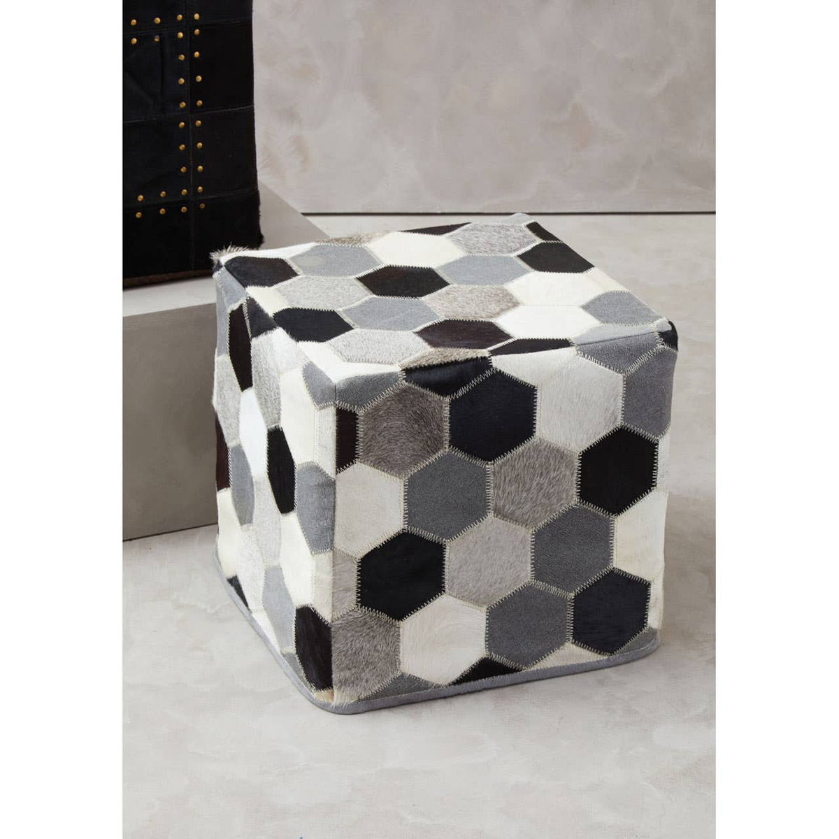 Safira Black / White / Grey Patchwork Pouffe.