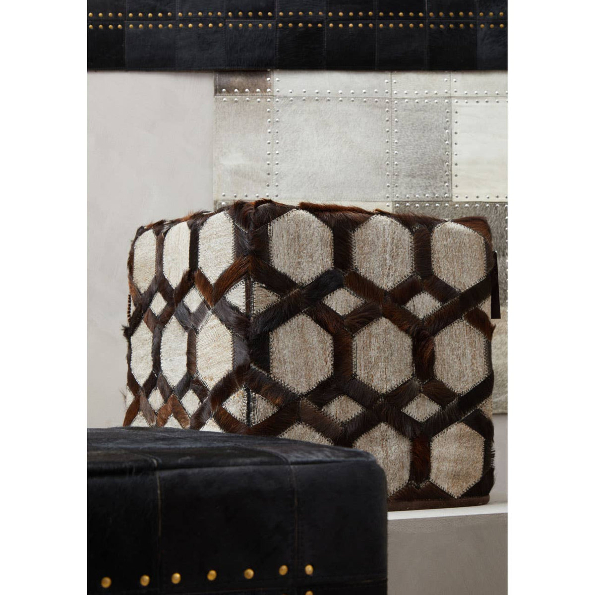 Safira Genuine Grey Leather Pouffe.