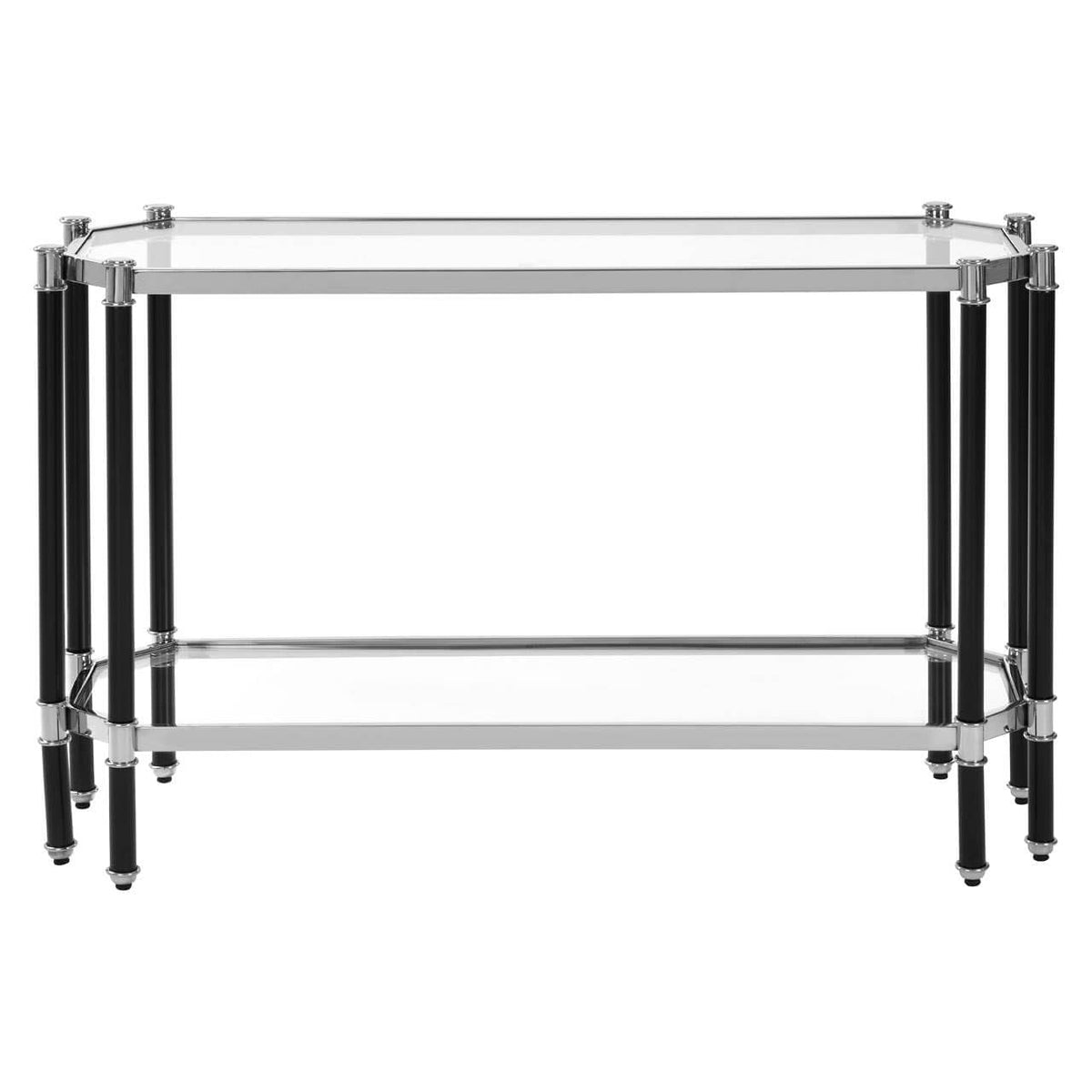 Silver Metal  Console Table with Blacl Lefs.