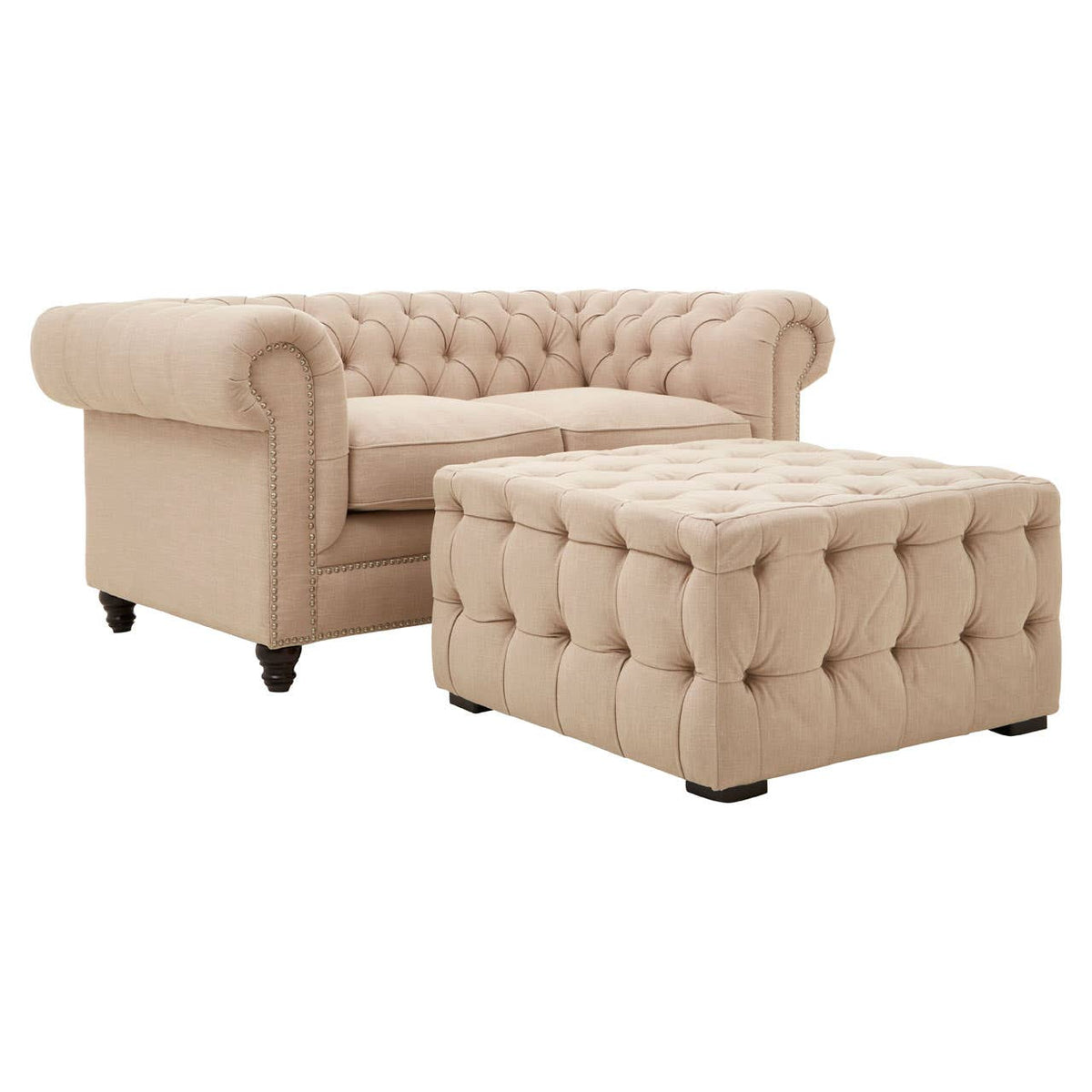 Stella Beige Linen Button Tufted Footstool.