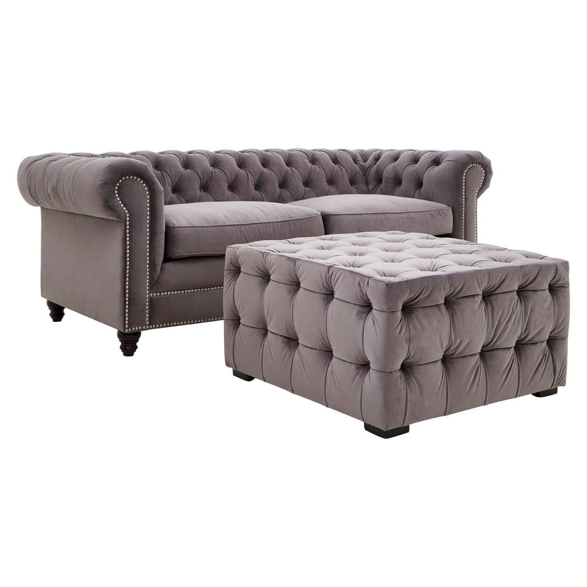Stella Grey Velvet Button Tufted Footstool.
