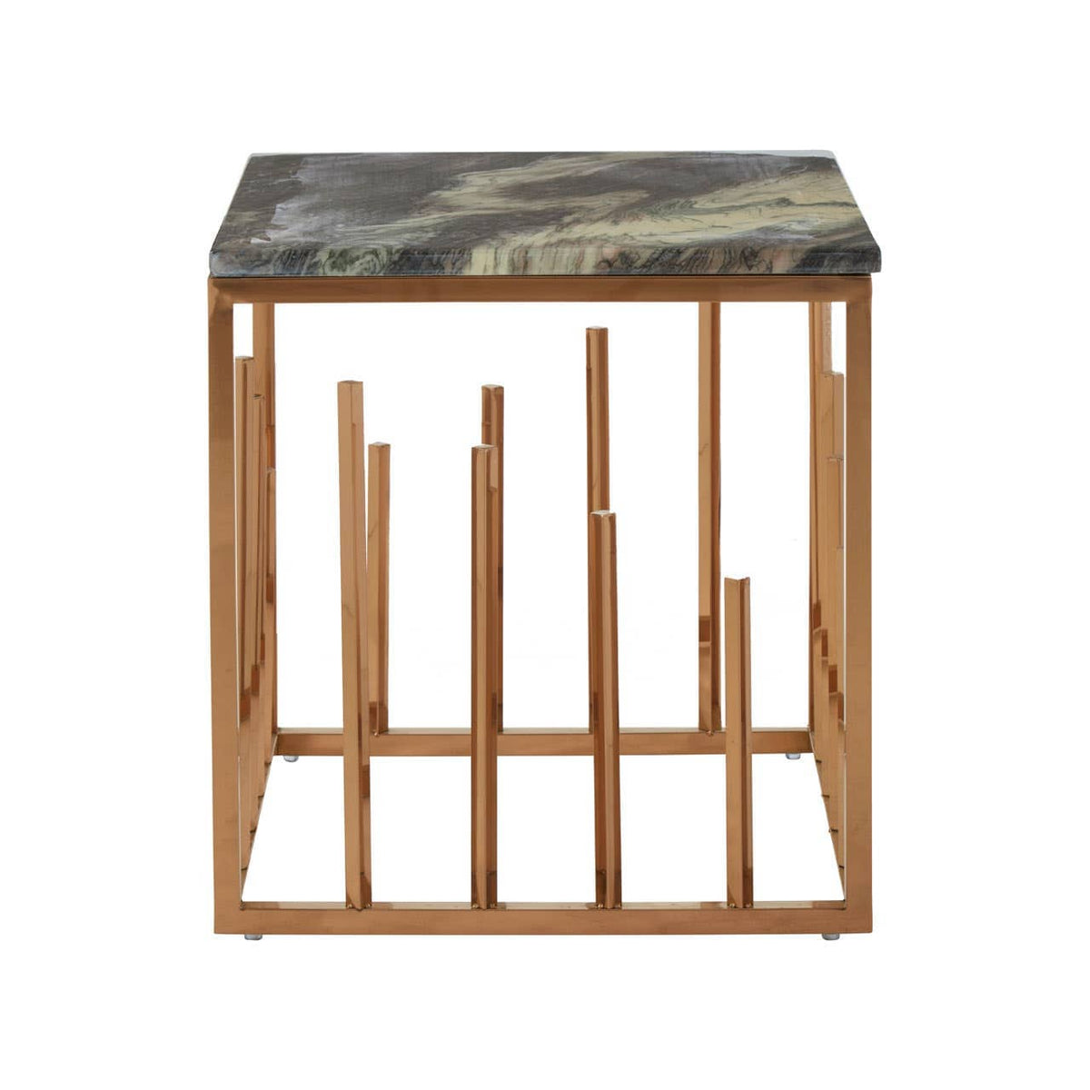 Tula Rose Gold Finish Square Side Table.