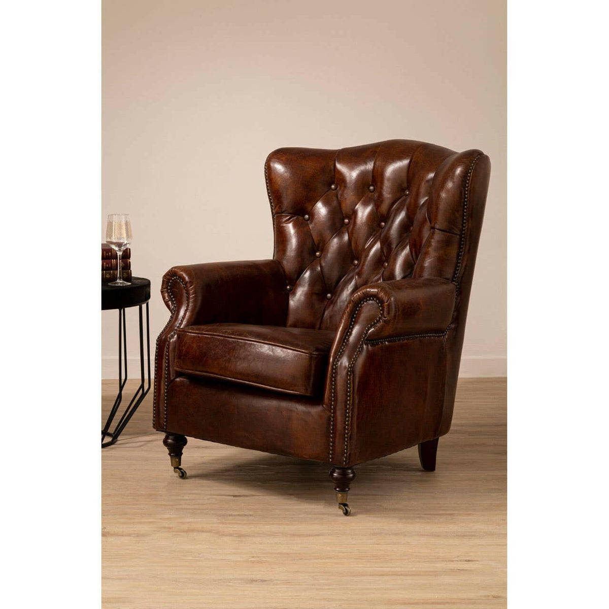 Victor Brown Leather Scroll Armchair.
