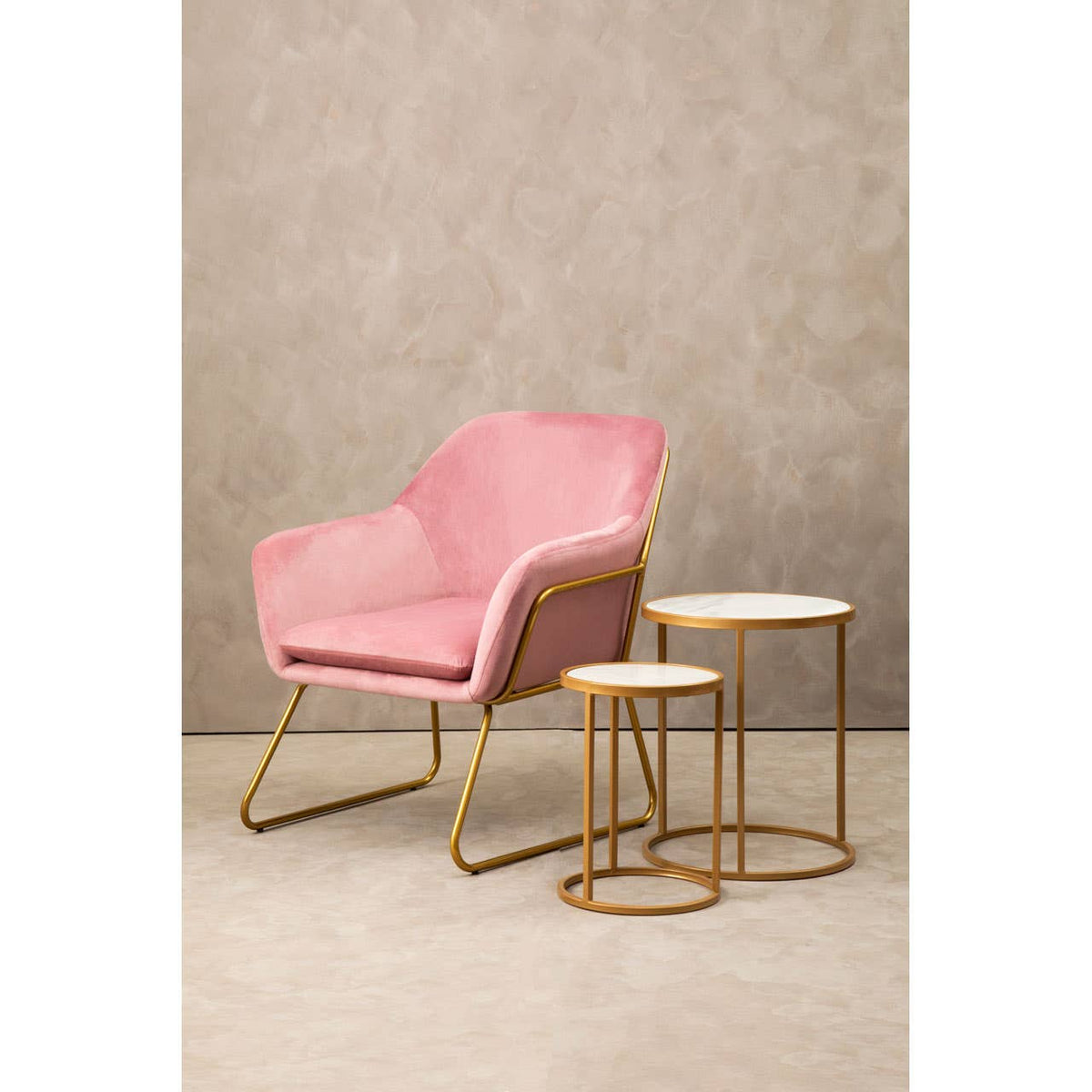 Xander Pink Velvet Powder Gold Armchair.