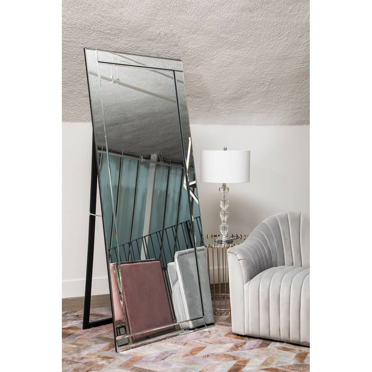 Floor Standing Mirror With Bevelled Edge.