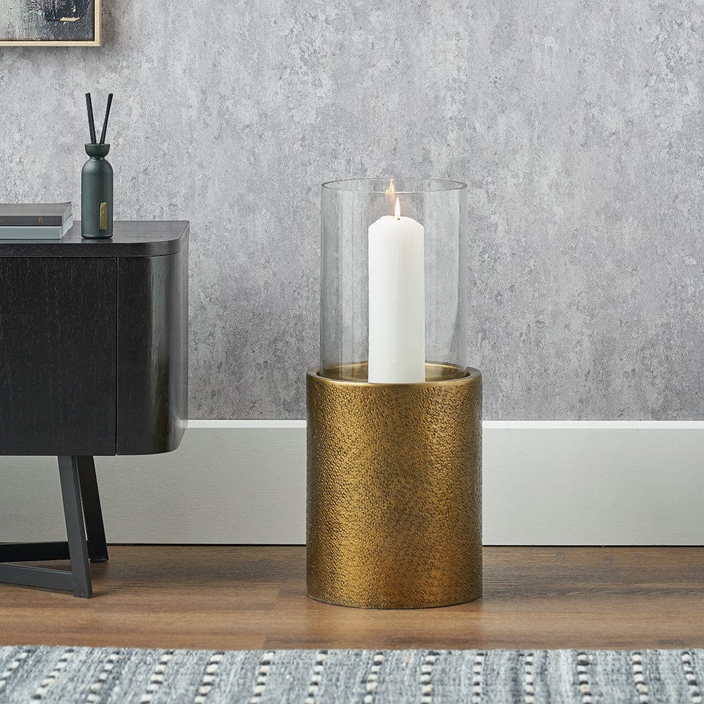 Antique Brass Finish Metal and Clear Glass Hurricane.