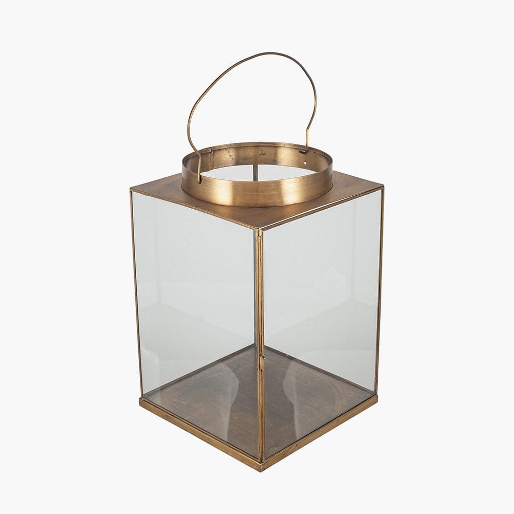Antique Brass Metal and Glass Large Square Lantern.