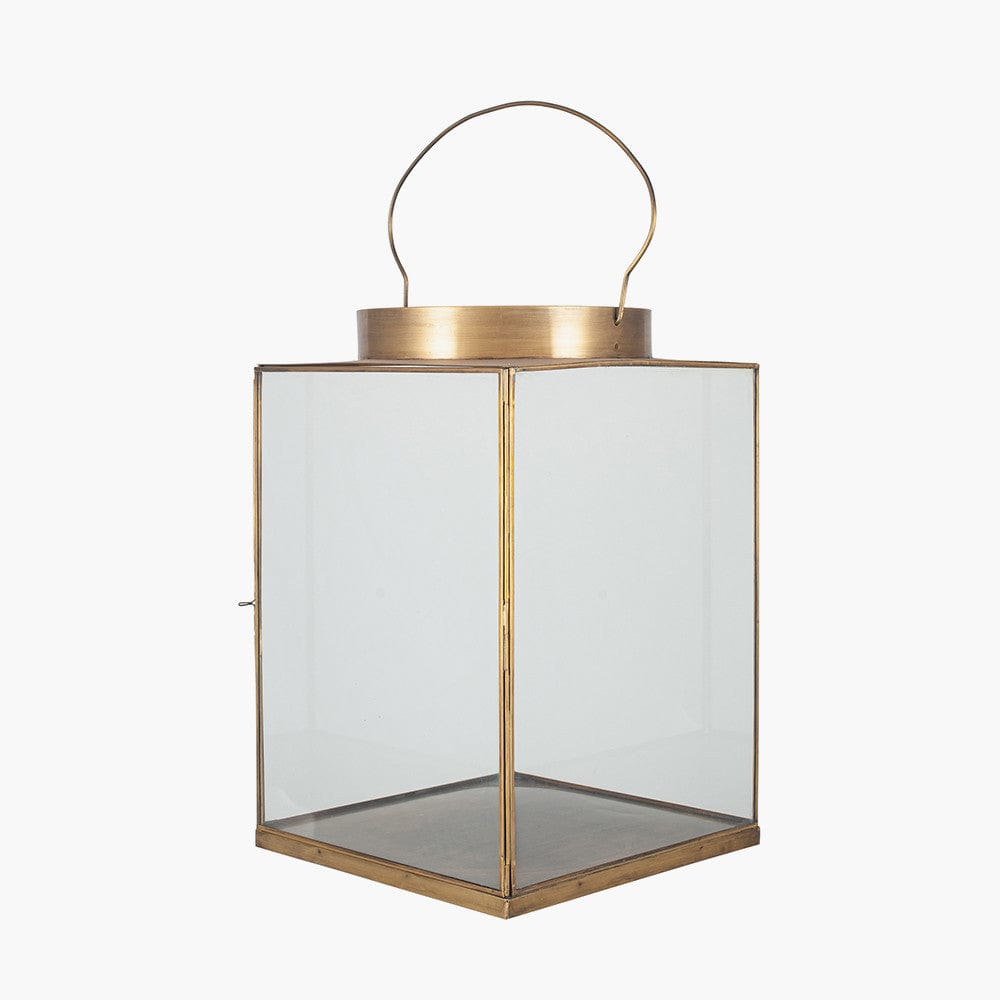 Antique Brass Metal and Glass Large Square Lantern.