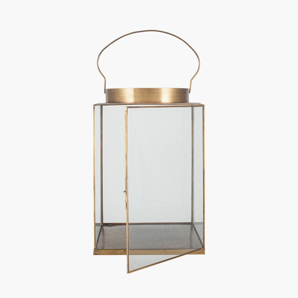 Antique Brass Metal and Glass Large Square Lantern.