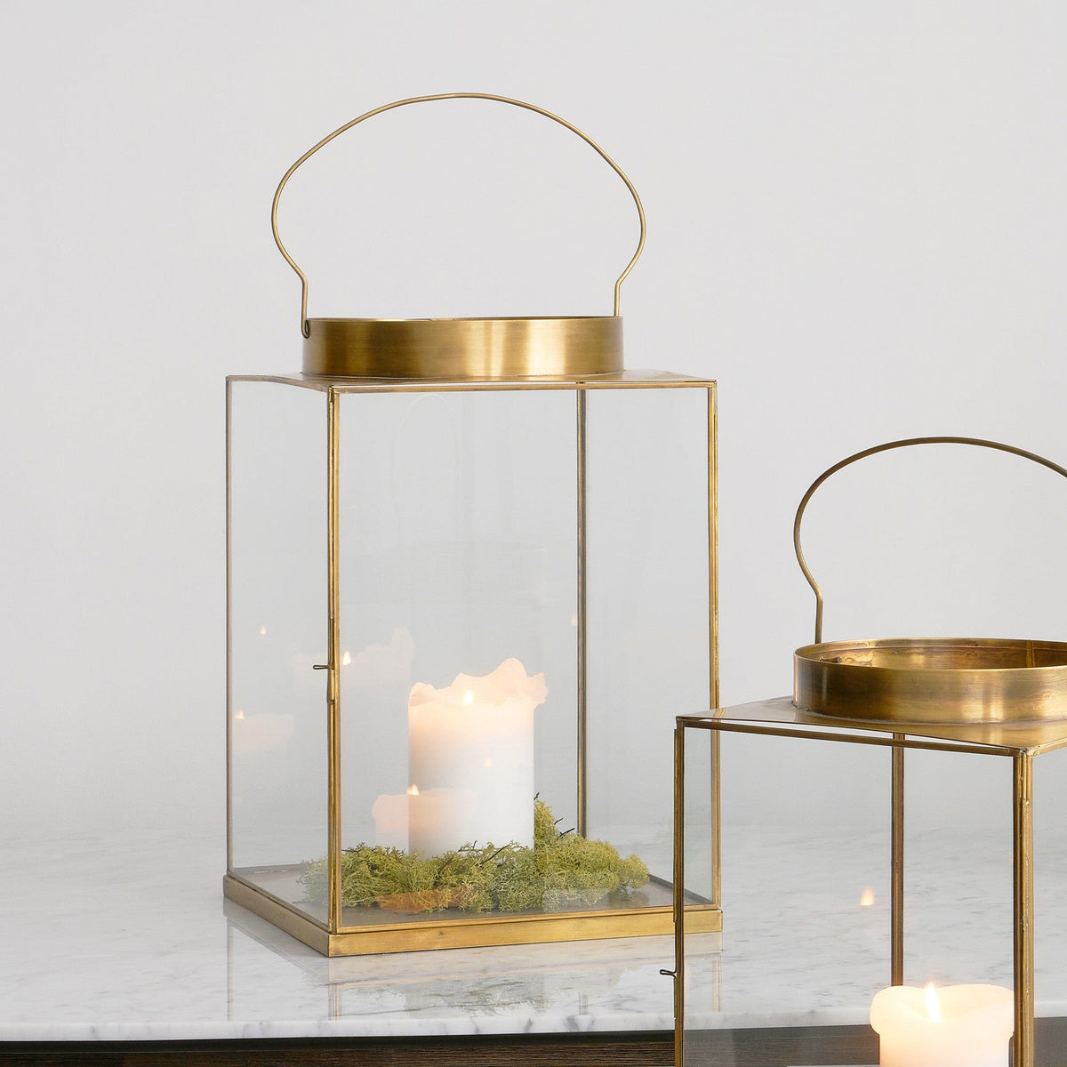 Antique Brass Metal and Glass Large Square Lantern.