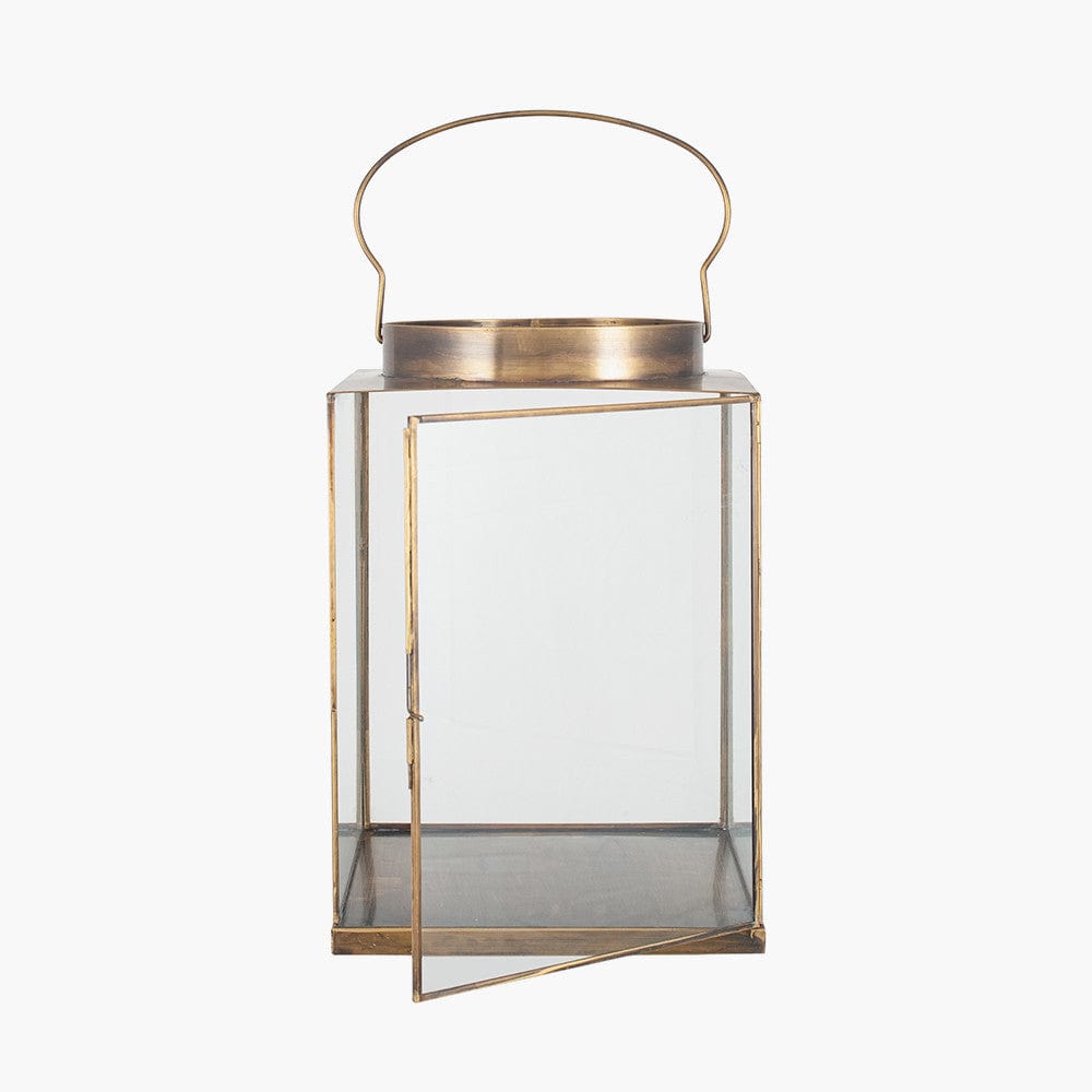 Antique Brass Metal and Glass Small Square Lantern.