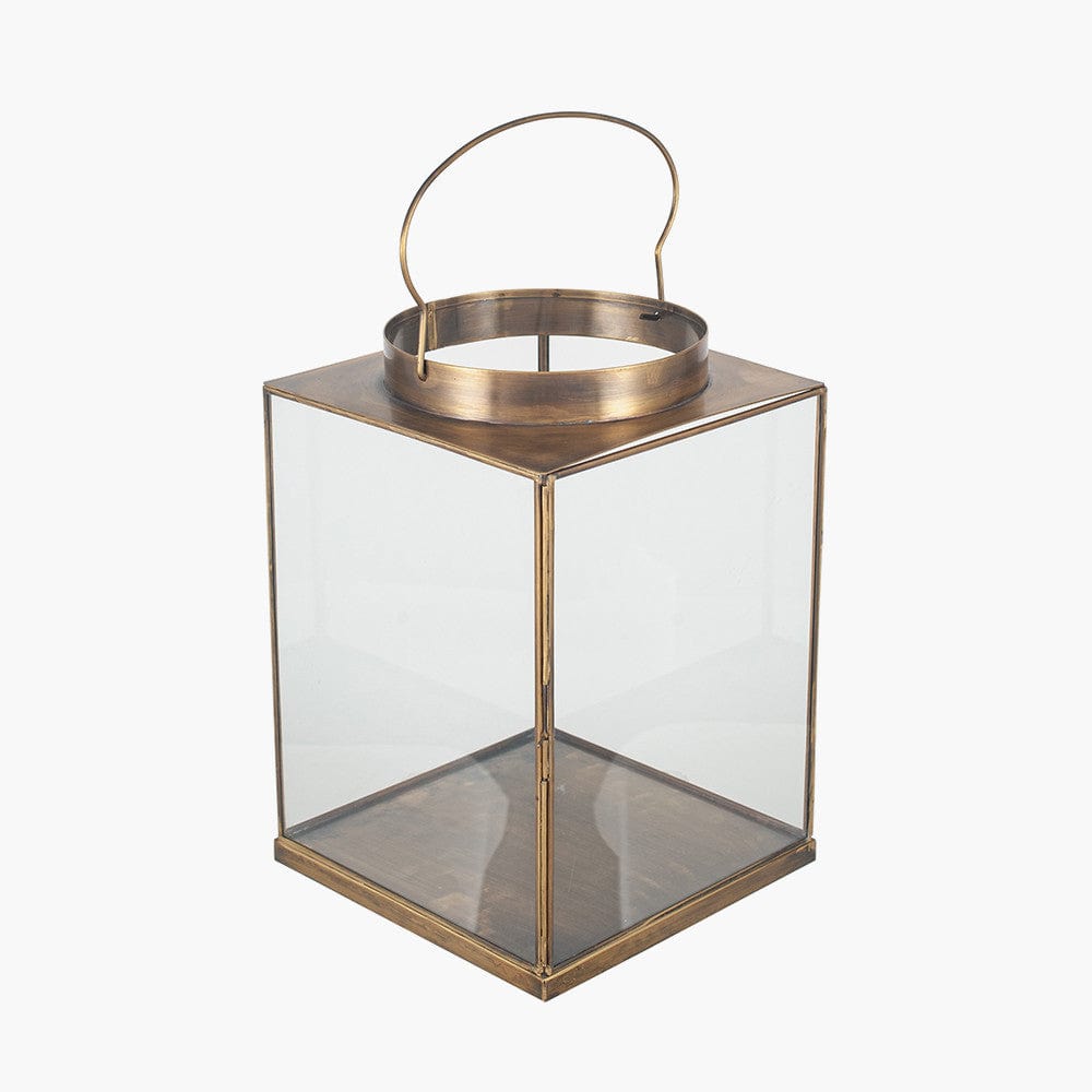 Antique Brass Metal and Glass Small Square Lantern.