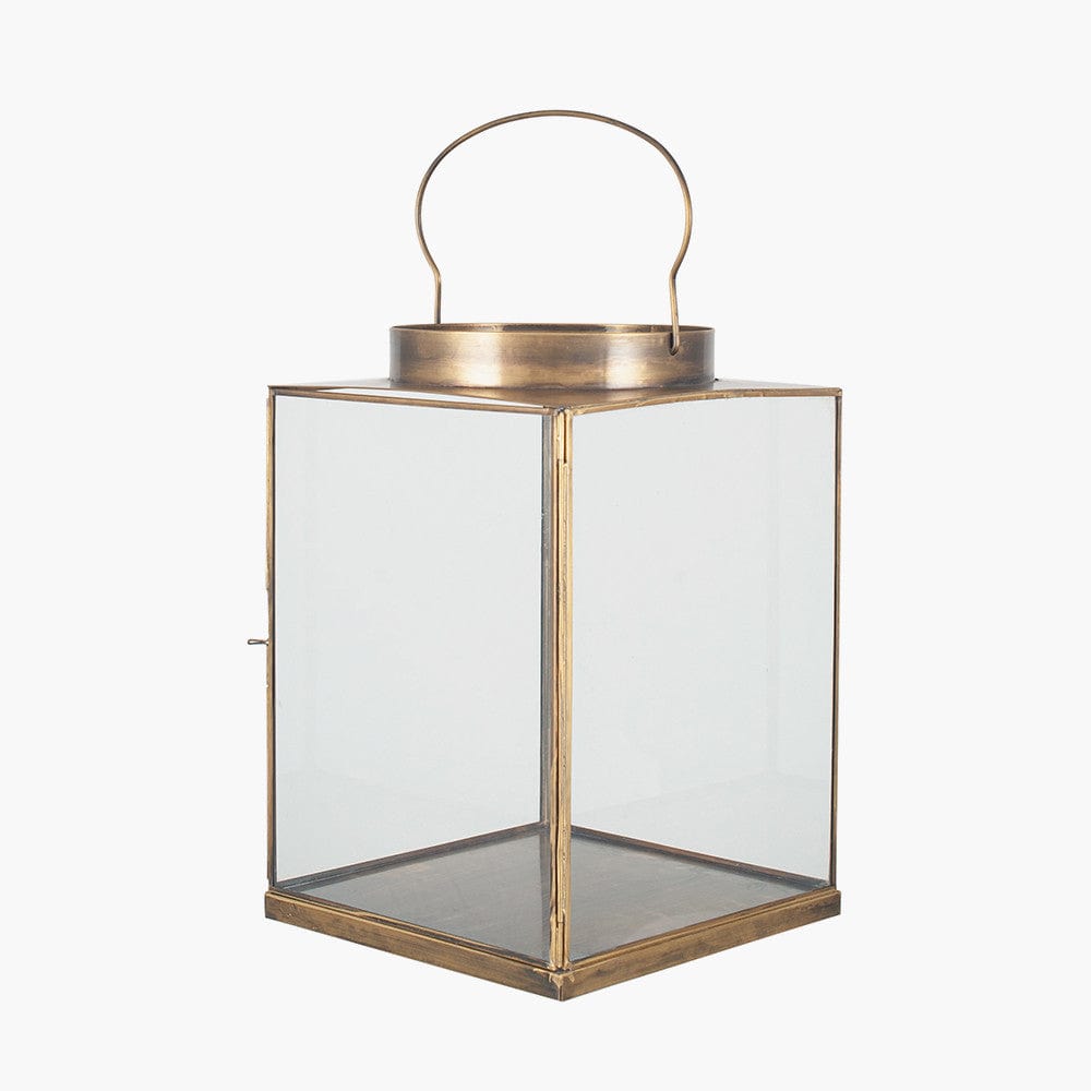 Antique Brass Metal and Glass Small Square Lantern.