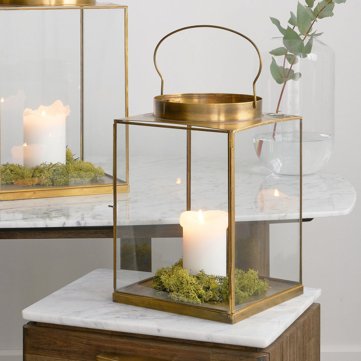 Antique Brass Metal and Glass Small Square Lantern.