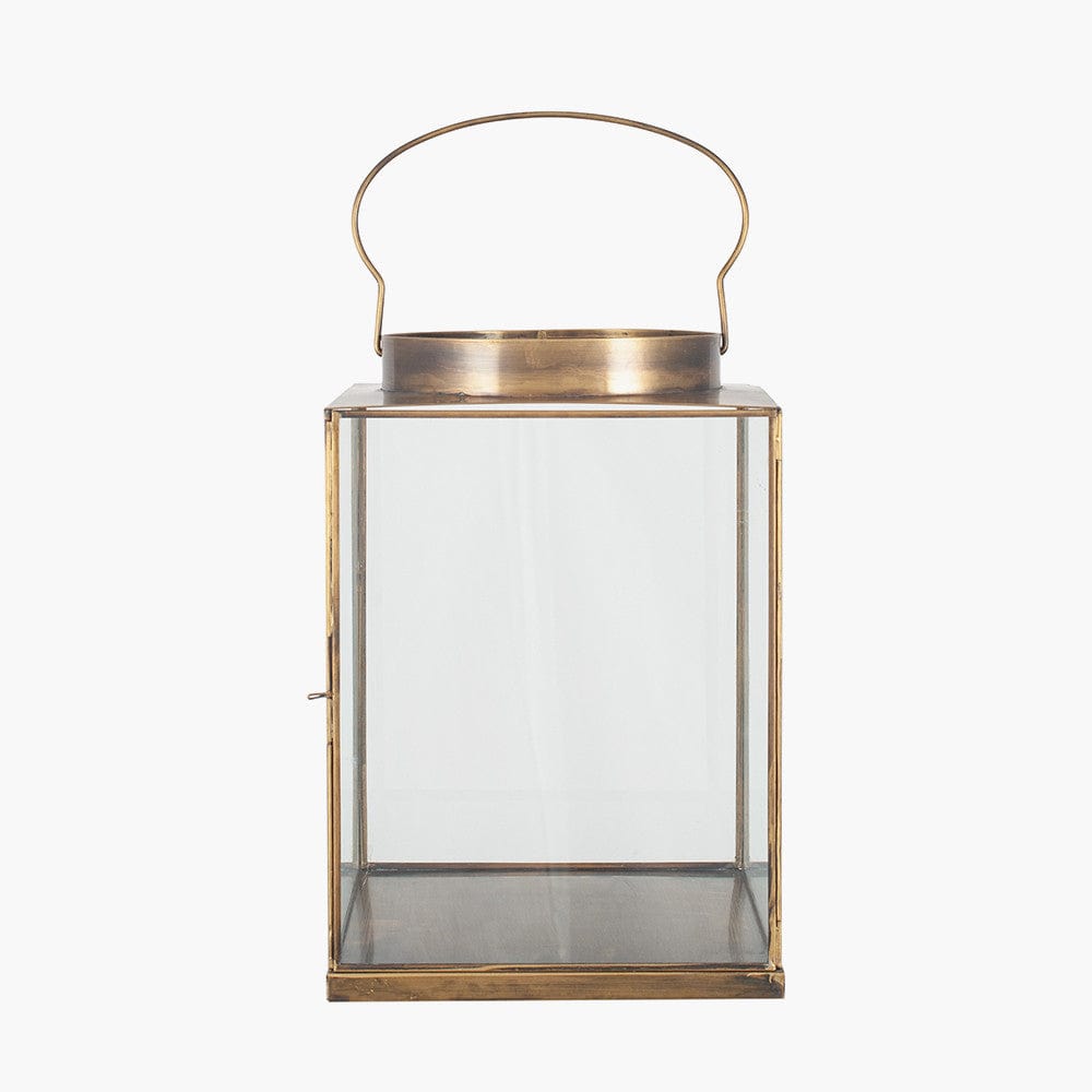 Antique Brass Metal and Glass Small Square Lantern.