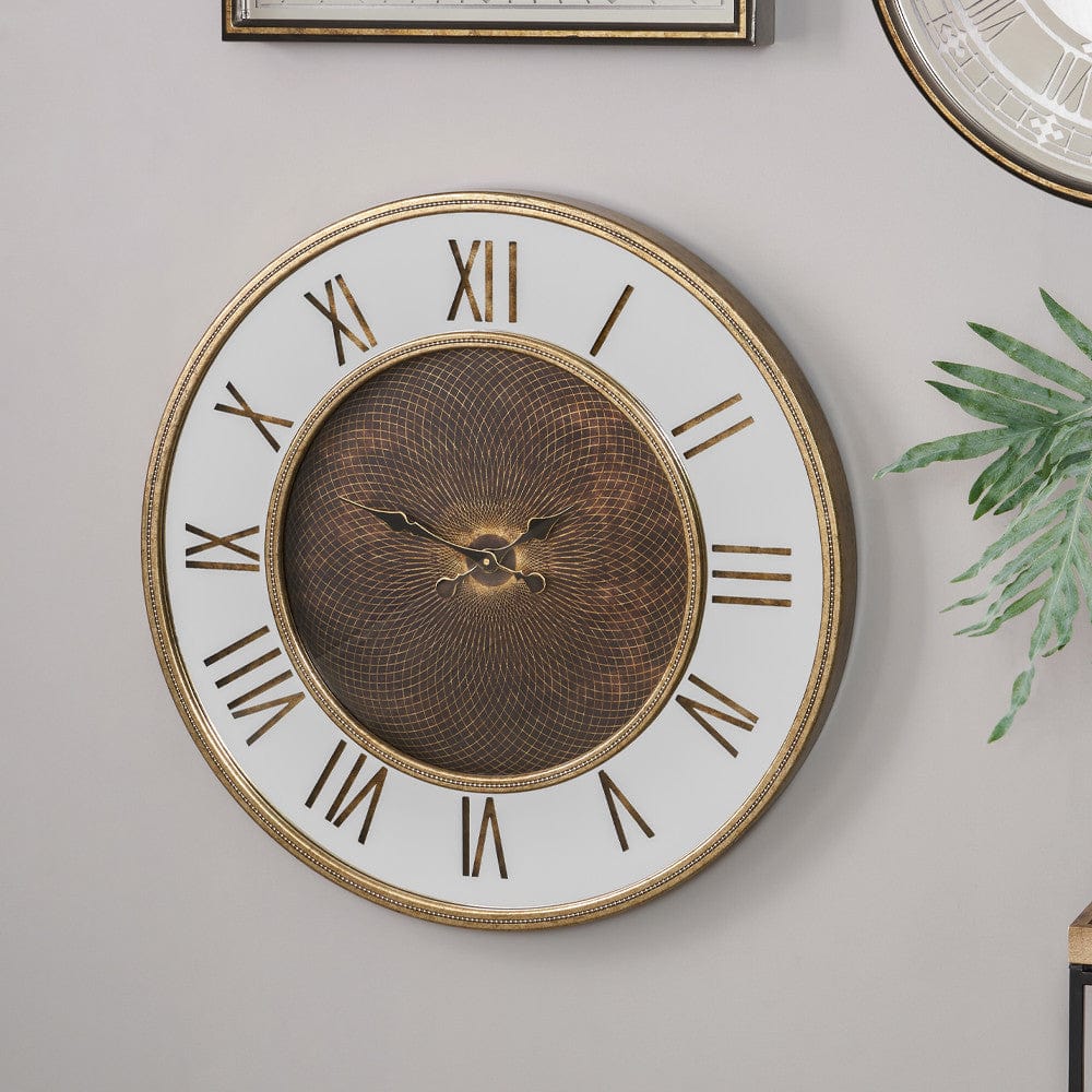 Antique Gold Wood & Mirror Geo Print Wall Clock.