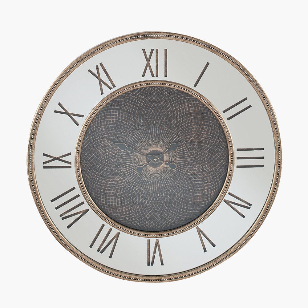 Antique Gold Wood & Mirror Geo Print Wall Clock.