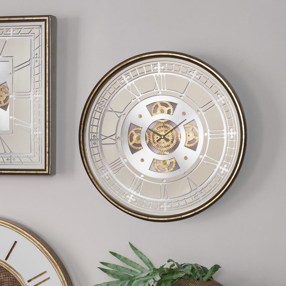 Pacific Lifestyle Accessories Antique Gold Wood & Mirror Round Working Cog Wall Clock House of Isabella UK